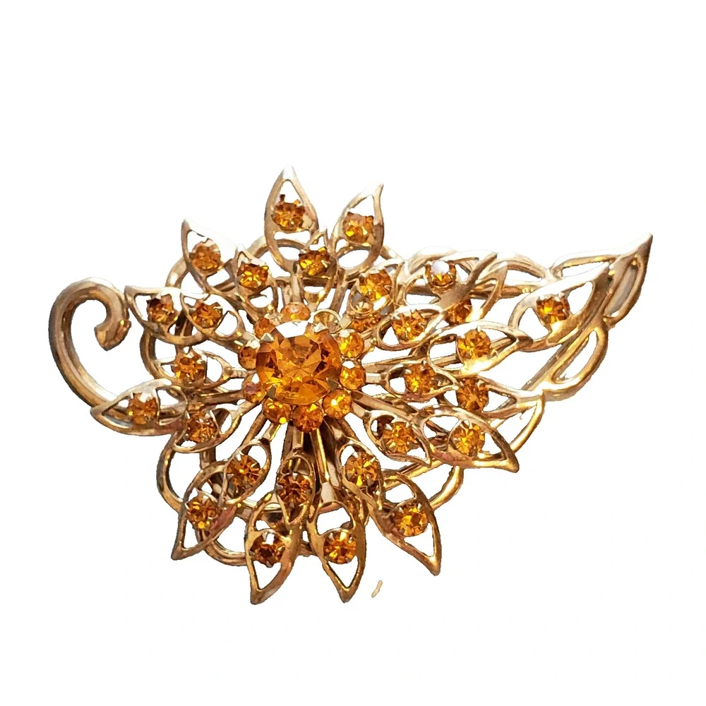 Vintage‎ Rhinestone Brooch Pin Orange- Large 2.5
